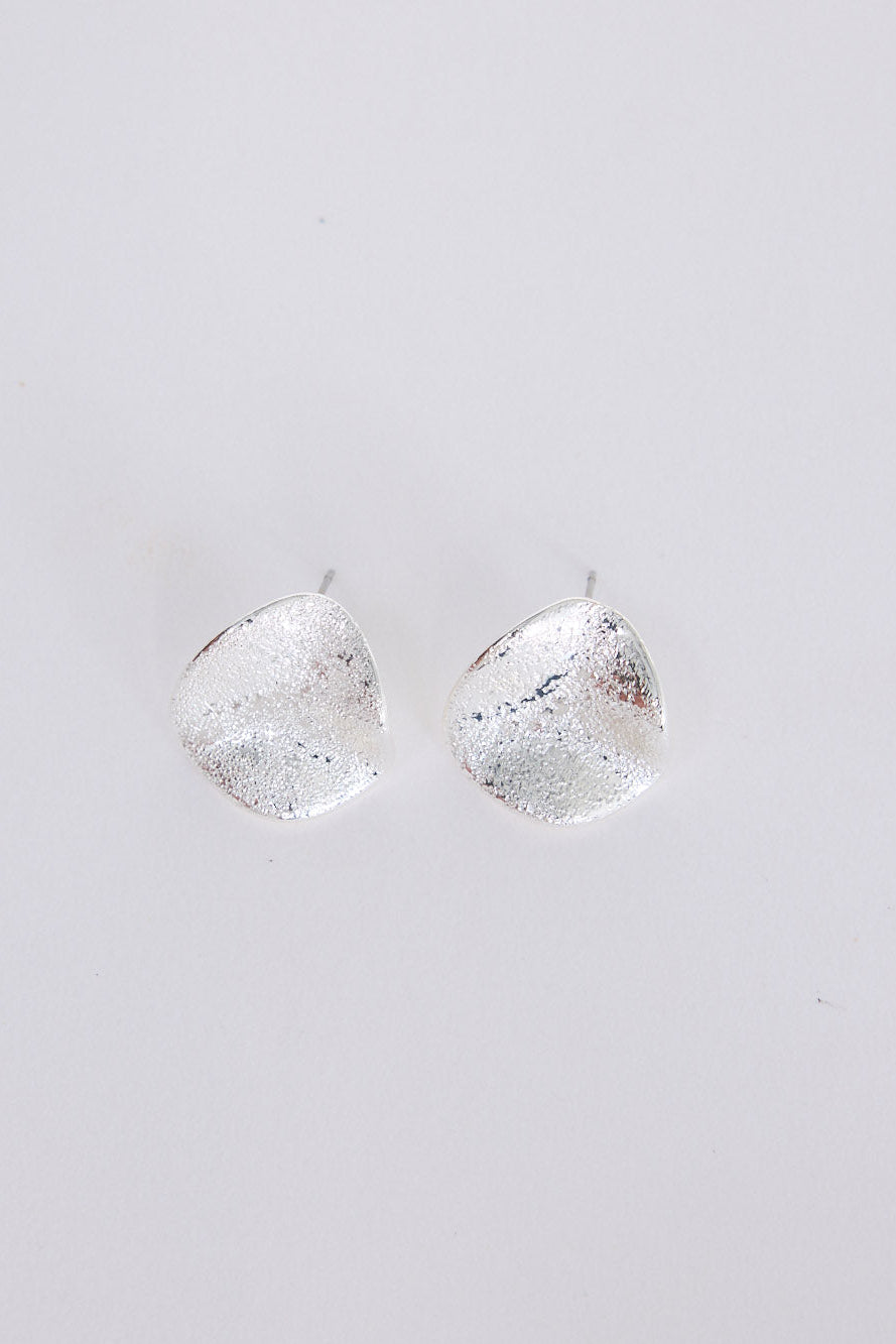 Ekin Earrings in silver with a softly textured finish, front view on white background