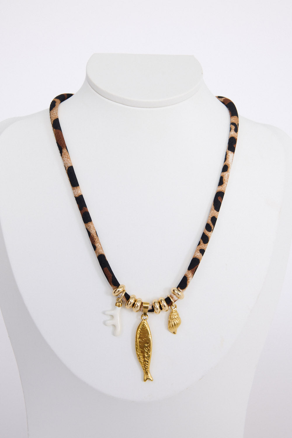 Winter Fish Necklace in leopard with statement fish charm and gold detailing, front view on white background