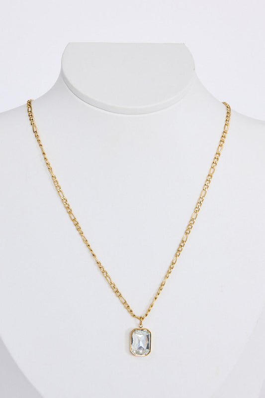 Bovina Necklace in clear with a faceted rectangular pendant, front view on white background