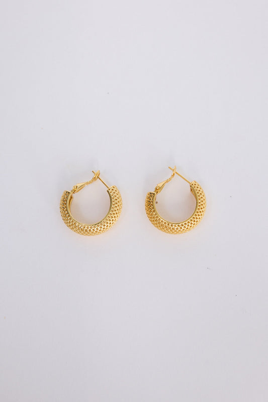 Sienna Earrings in gold with textured finish, angled view on white background