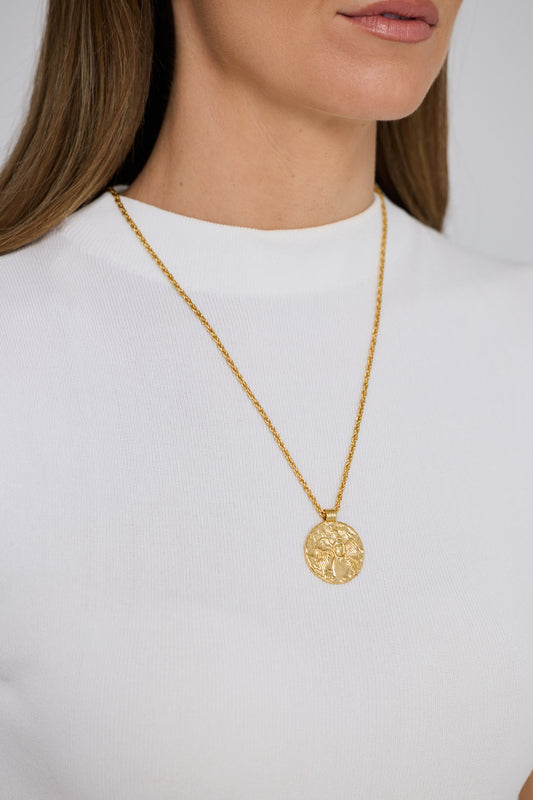 Angelic Necklace in gold with detailed coin charm, front display view on neutral background
