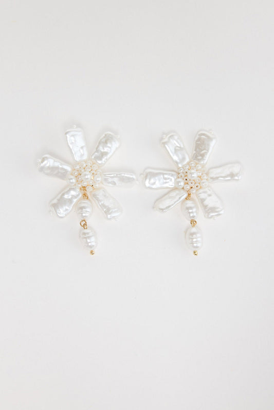 Pair of Zara floral earrings in Pearl showing freshwater pearl petals, beaded centre and pearl drop on a white background