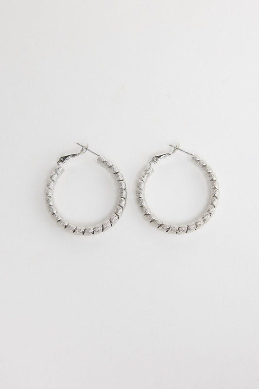 Neela Earrings in Silver – twisted, textured silver-tone hoop earrings shown flat on a white background.
