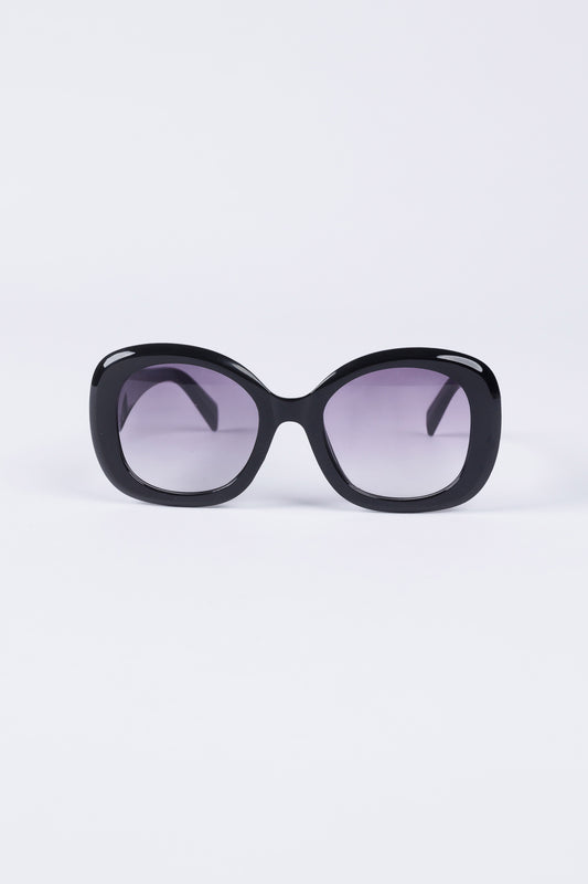Black sunglasses with purple-tinted lenses on a white background